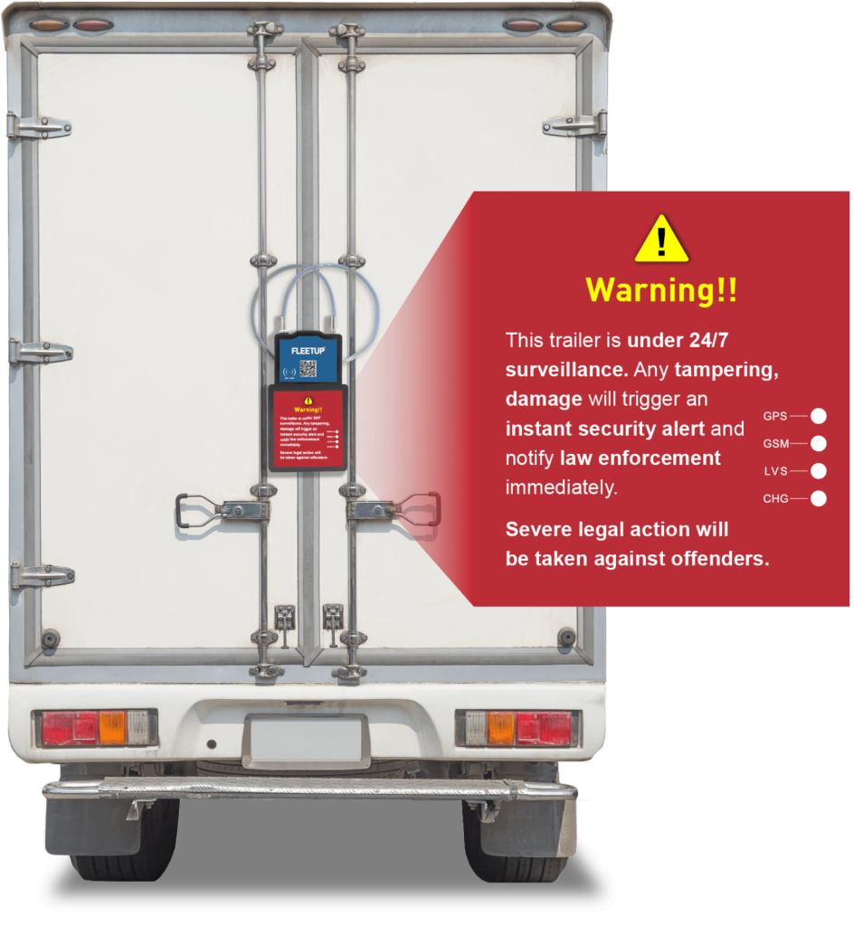 FleetUp SmartLock securely locked on a truck trailer, displaying a warning message indicating the doors are locked and an alert will be triggered if tampering or damage is detected.