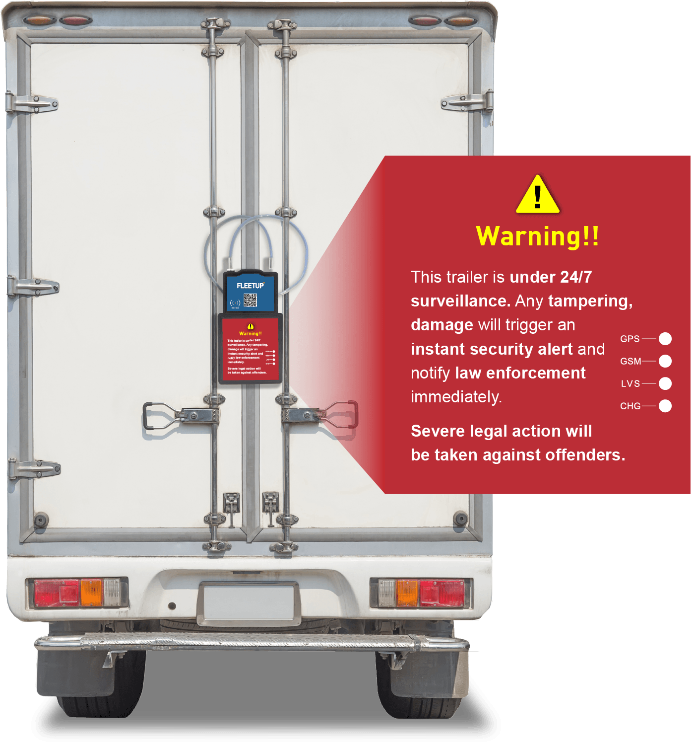 FleetUp SmartLock securely locked on a truck trailer, displaying a warning message indicating the doors are locked and an alert will be triggered if tampering or damage is detected.