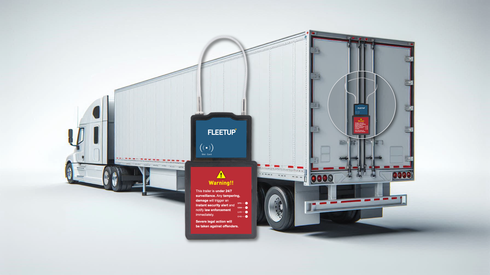 Multi-layered cargo security diagram detailing the integration of FleetUp 4CJ E-Seal SmartLocks, wireless door sensors, and 5TM Mini Asset Tags connected to a central Fleet Management System.