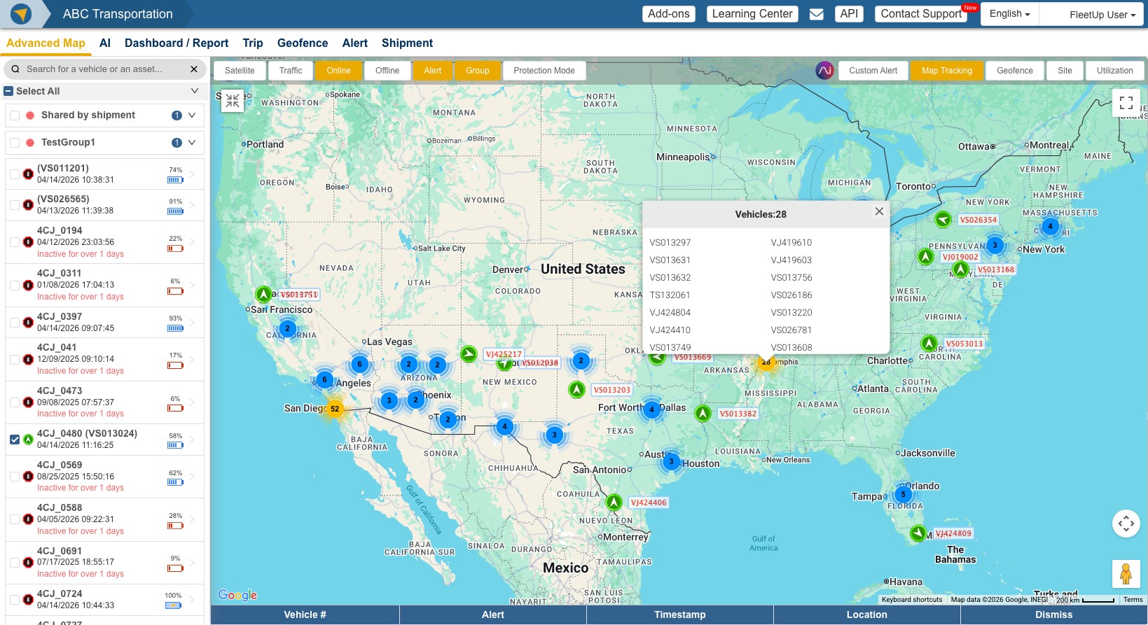 A comprehensive view of the FleetUp AI: Scout dashboard interface, featuring a real-time GPS tracking map on the left and a Fleet Health sidebar on the right displaying critical diagnostic data, including overall health scores and specific status metrics for engines, batteries, and tires.