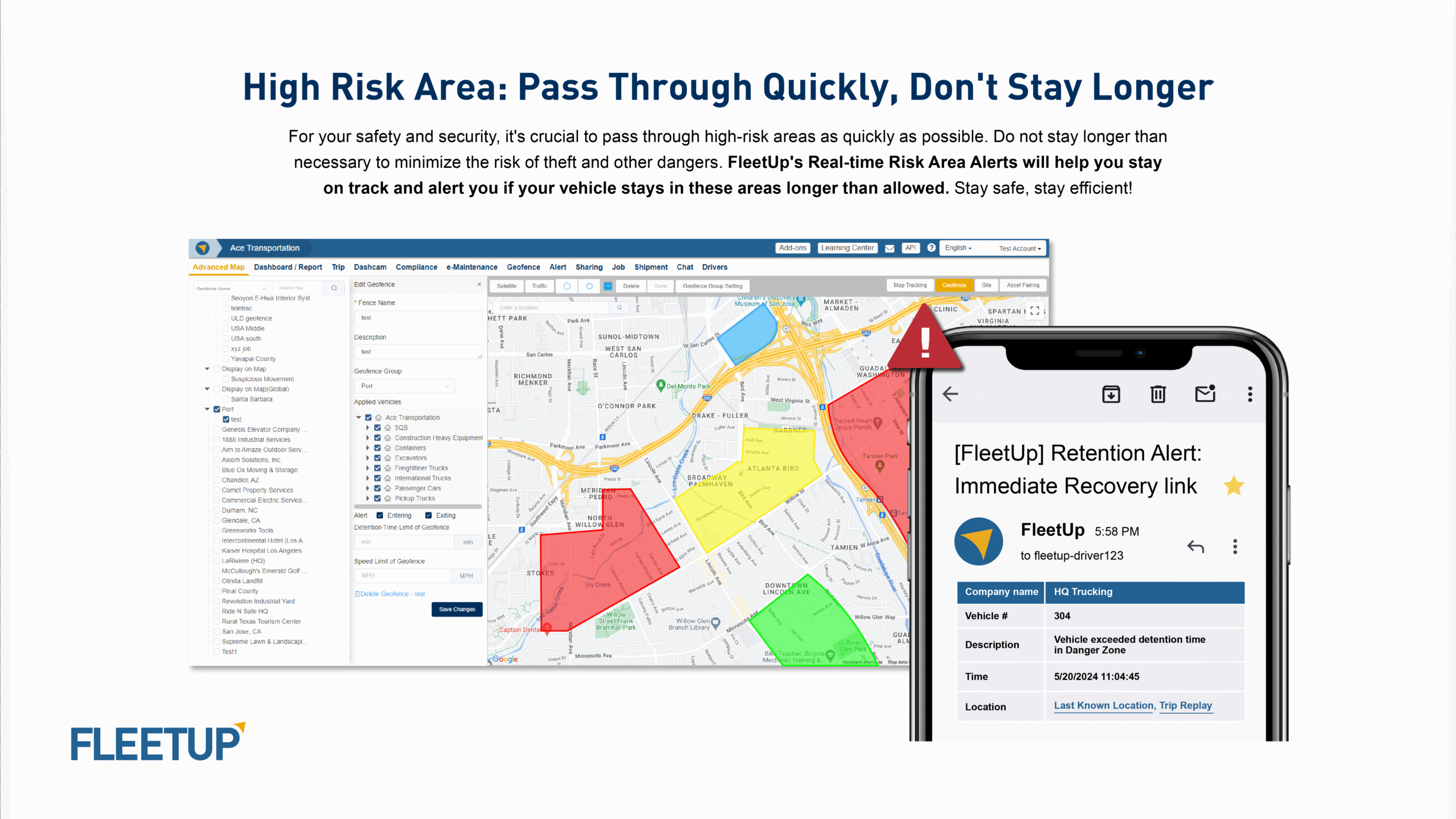 FleetUp Operations Dashboard displaying dynamic geofencing around a high-risk area, triggering an automated exception management alert based on wireless door sensor data.