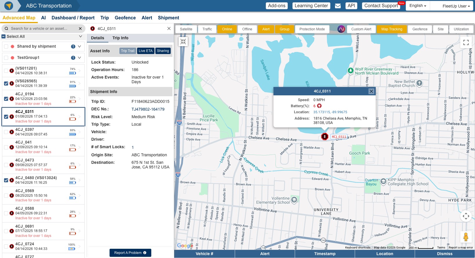 FleetUp platform showing a real-time 'Active Fleet Status' dashboard with a live map, vehicle locations, and AI-driven status updates.