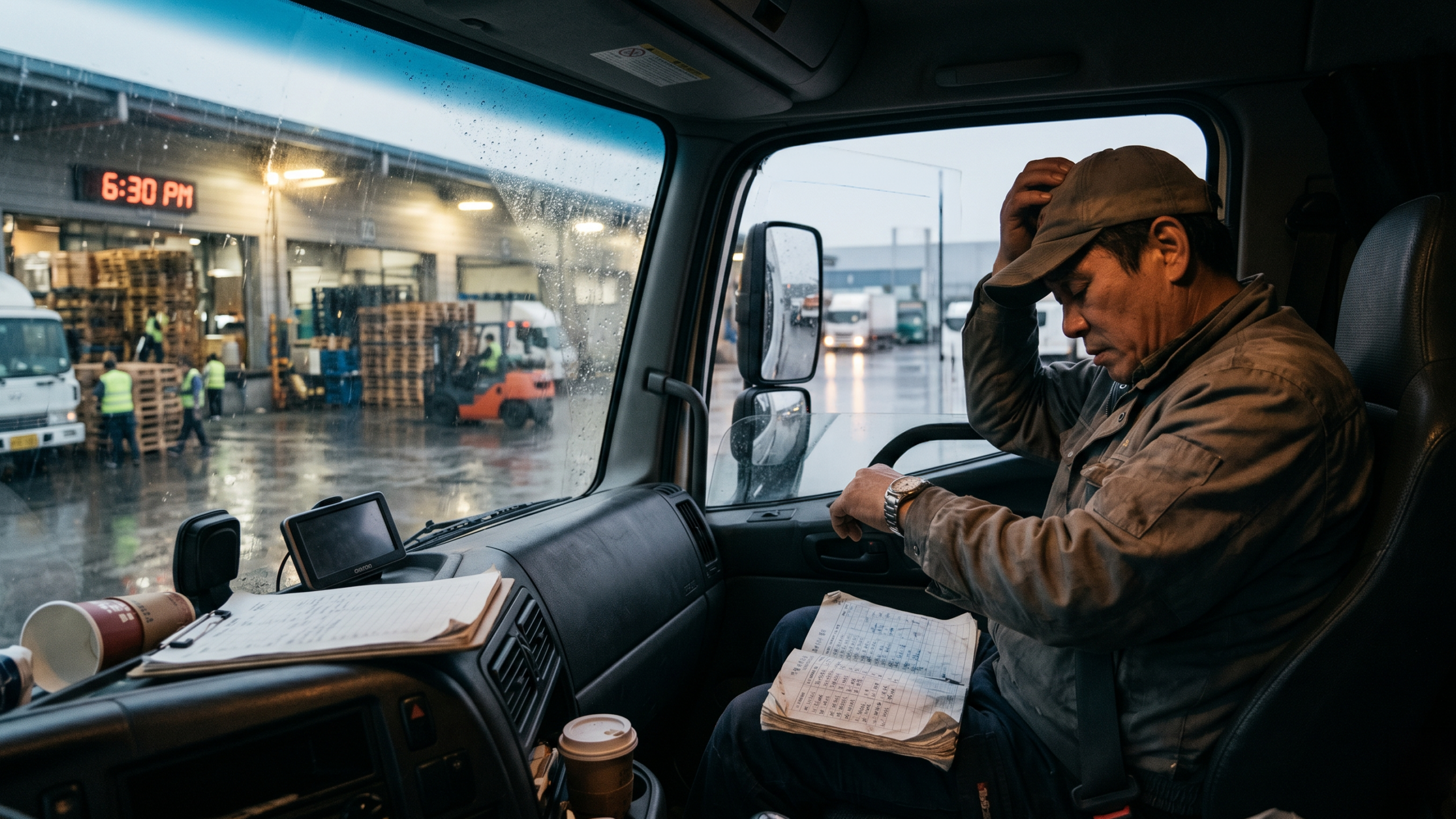 A truck driver waiting for an extended period at a distribution center loading dock.
