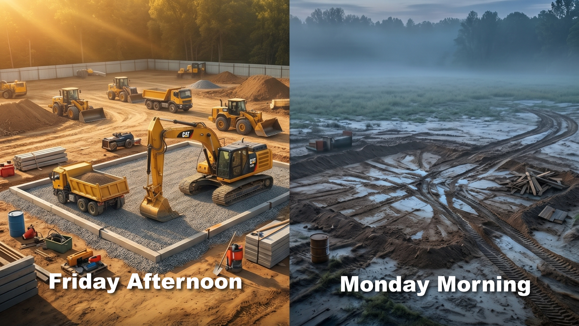 A split-screen view showing a busy construction site with an excavator operating on Friday afternoon contrasted with an empty construction pad on Monday morning.
