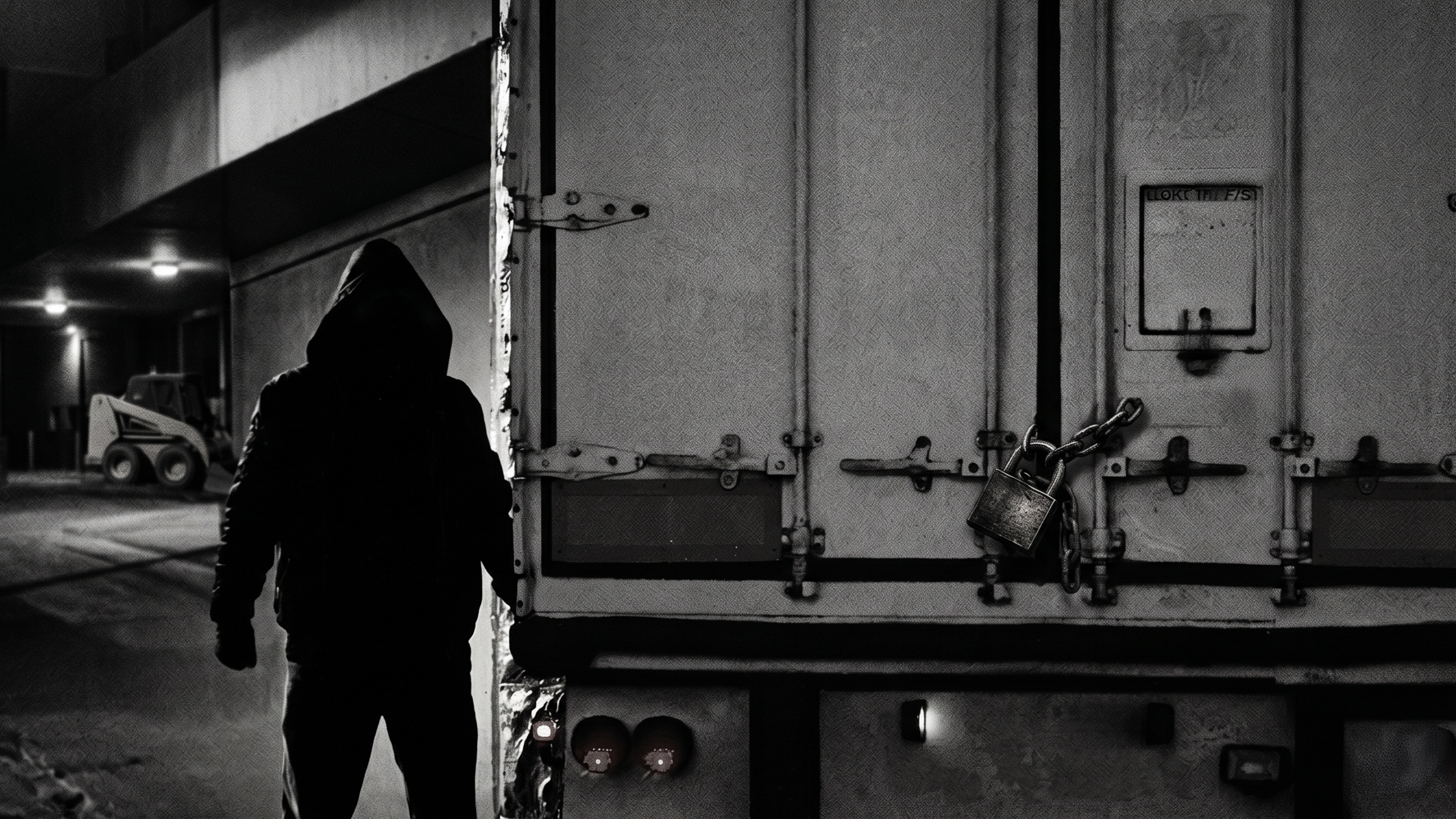 A suspicious person attempting to steal cargo from a parked trailer at night.